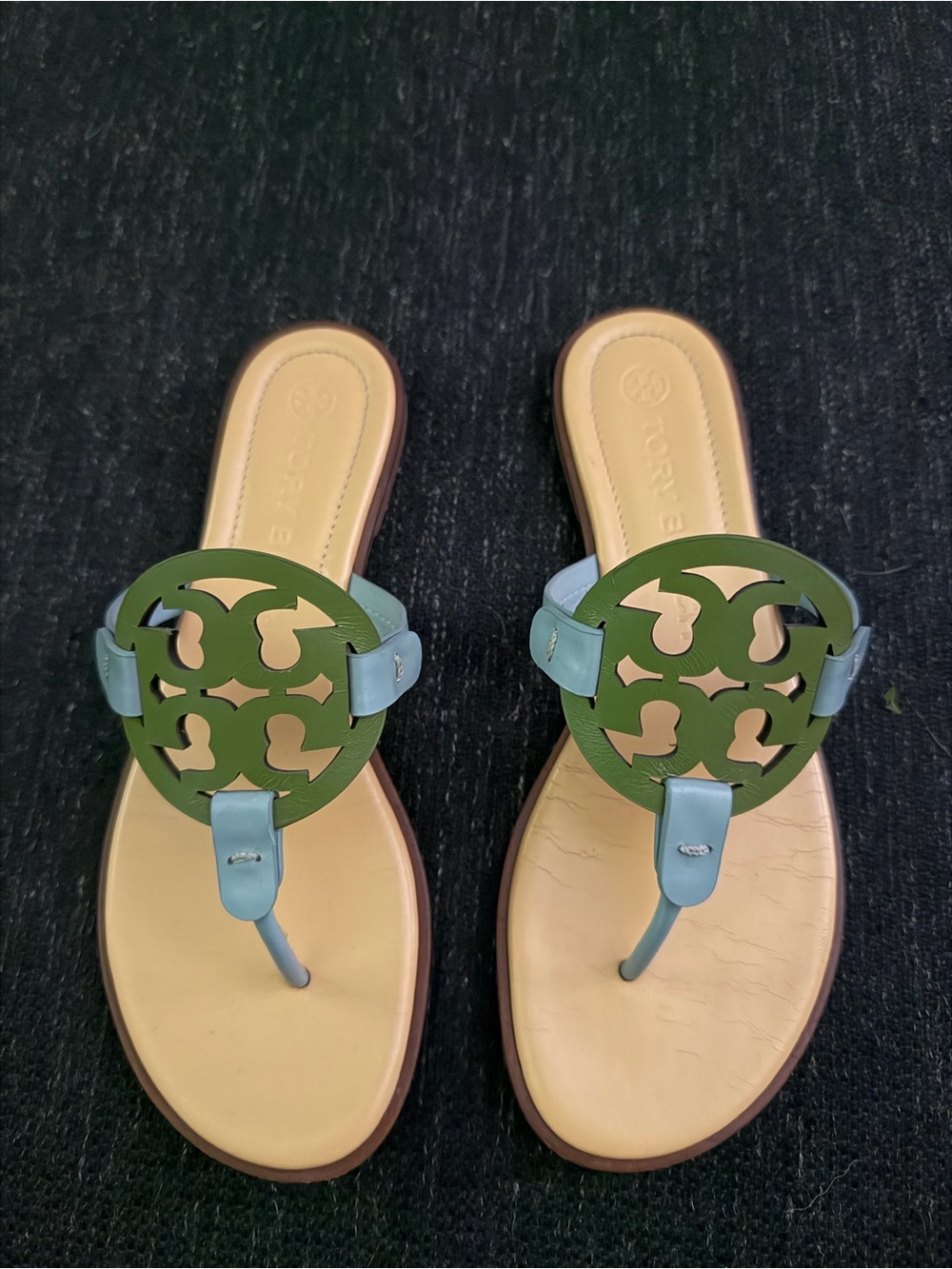Tory Burch Green and Light Blue Miller Leather Thong Sandals